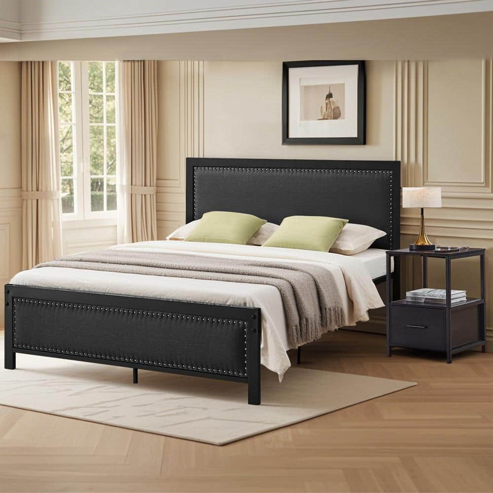 VECELO 2-Piece Bedroom Set Black Metal Frame Queen Platform Bed and 1 ...