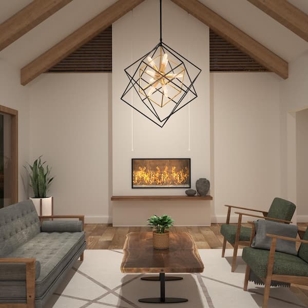 Teamson Kids Imperium 9-Light Black and Gold Modern Sputnik Geometric Cage Chandelier Light Fixture for Dining Room or Kitchen