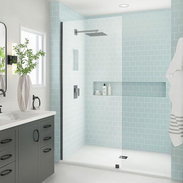 Aston Elyse XL 32 in. W x 80 in. H Fixed Frameless Shower Door in Matte Black with Clear StarCast Glass