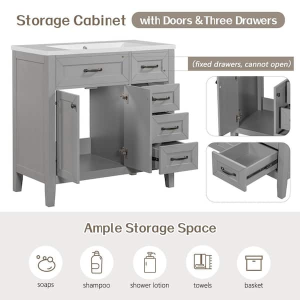 36 in. W Freestanding Bath Vanity in Gray with White Ceramic Top Basin and Single Sink