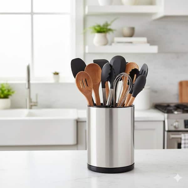 Silvery Stainless Steel Kitchen Utensil Holder 360° Rotating Cooking Caddy with 3 Compartment Organizer Removable Base