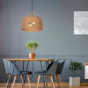Summerpoint 120-Watt 2-Light Black Shaded Pendant Light with Natural Woven Shade, No bulbs Included
