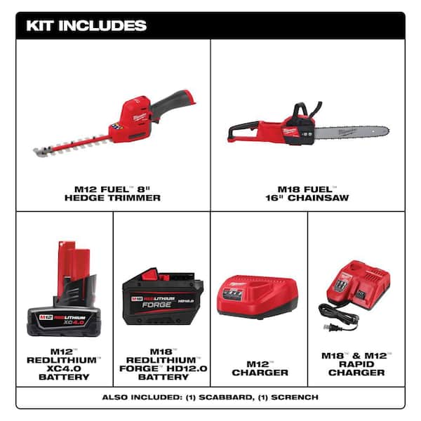 M12 FUEL 8 in. 12V Lithium-Ion Brushless Cordless Hedge Trimmer Kit and M18 FUEL 16 in. Chainsaw Combo Kit (2-Tool)