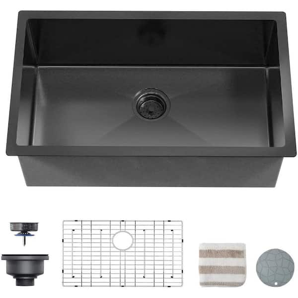 ANGELES HOME 27 in. x 18 in. Undermount Single Bowl 18 Gauge Gunmetal Black 304 Stainless Steel Kitchen Sink with Strainer