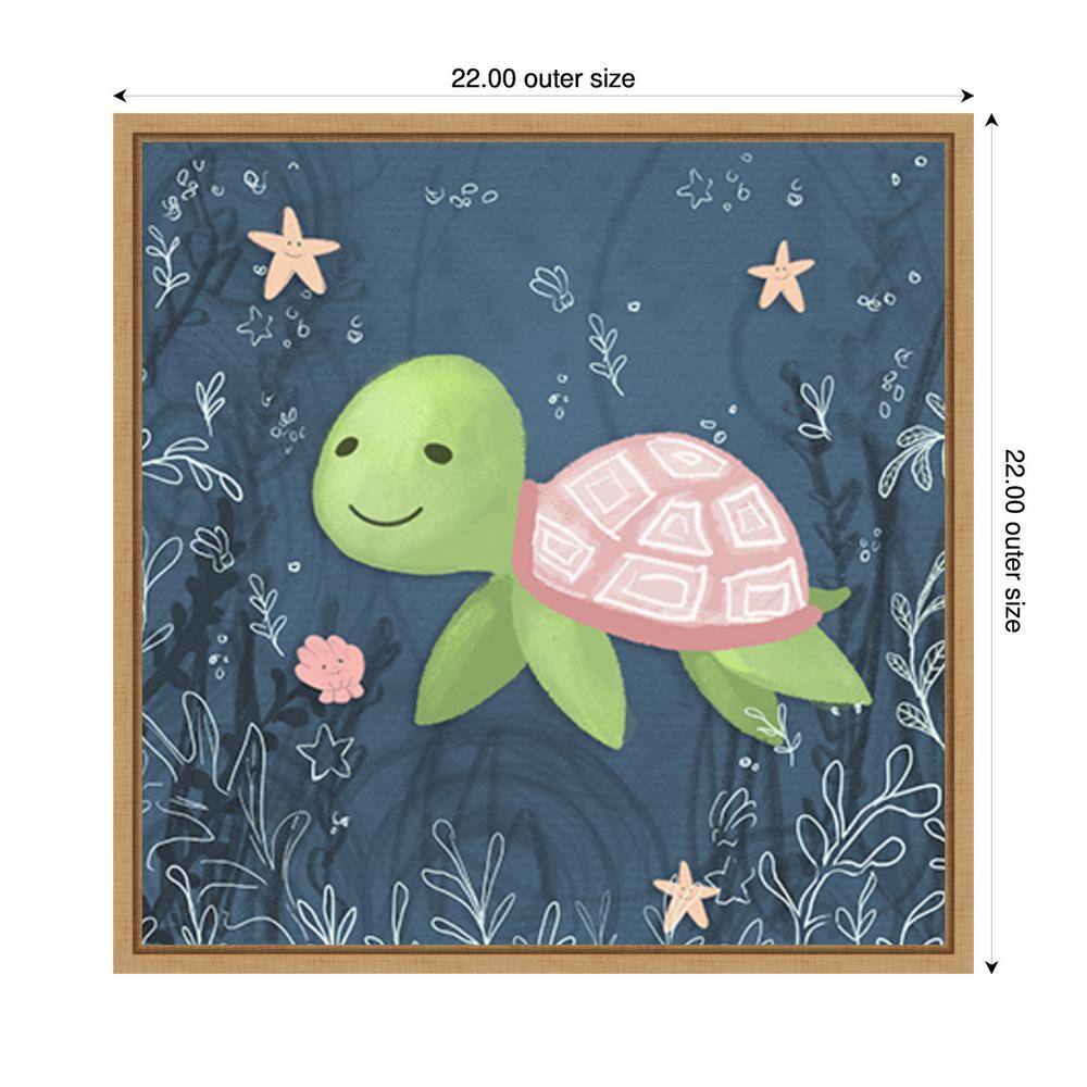 Seahorse and Turtle Blue II Canvas Wall Art with Maple Frame