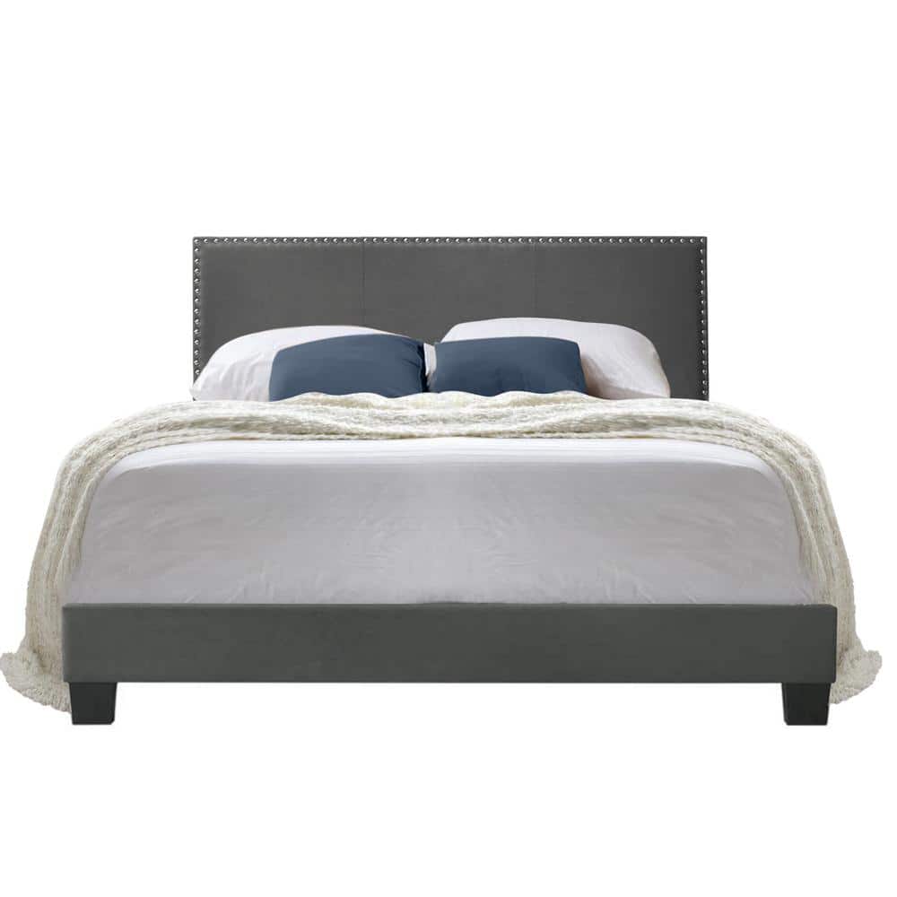 Royale Upholstered Platform Bed with Nail Trim Headboard  Queen
