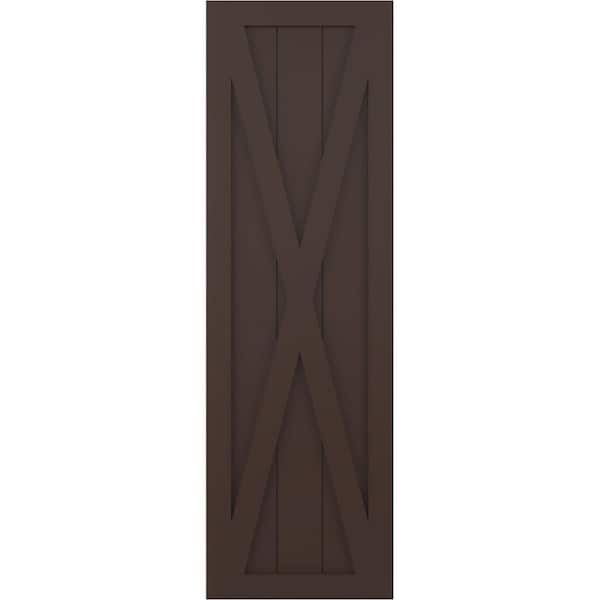 Ekena Millwork 12 in. x 32 in. True Fit PVC Single X-Board Farmhouse Fixed Mount Board and Batten Shutters Pair in Raisin Brown