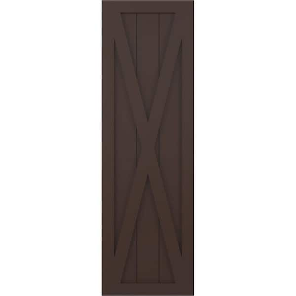 Ekena Millwork 12 in. x 50 in. True Fit PVC Single X-Board Farmhouse Fixed Mount Board and Batten Shutters Pair in Raisin Brown