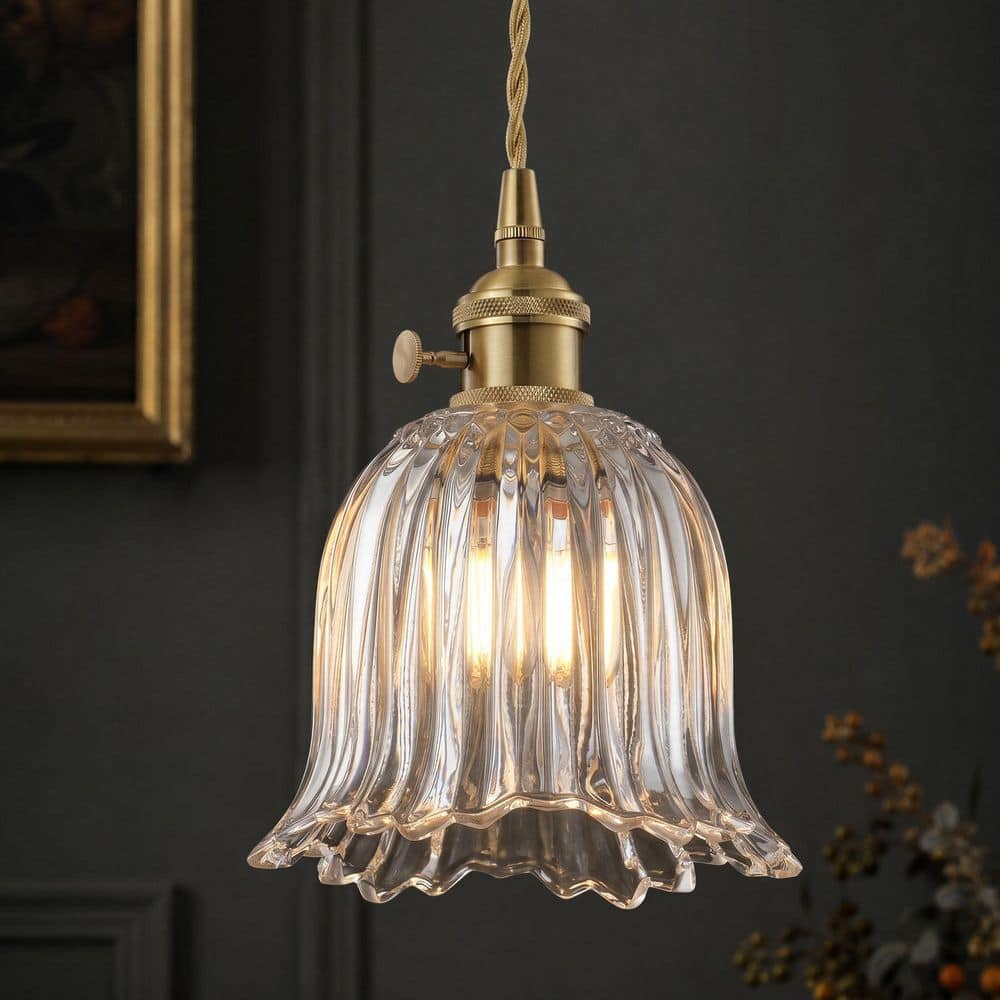 40-Watt 1-Light Vintage Brass Pendant Light Island Adjustable Hanging Light with Clear Flower Glass Shade price history on PriceWatchPro