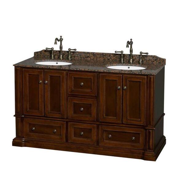 Wyndham Collection Rochester 61.25 in. Double Vanity in Cherry with Granite Vanity Top in Baltic Brown and Oval Sinks