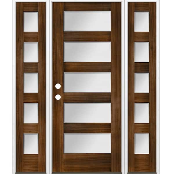 64 in. x 80 in. Modern Hemlock 5-Lite Right-Hand/Inswing Frosted Glass Provincial Stain Wood Prehung Front Door w/DSL