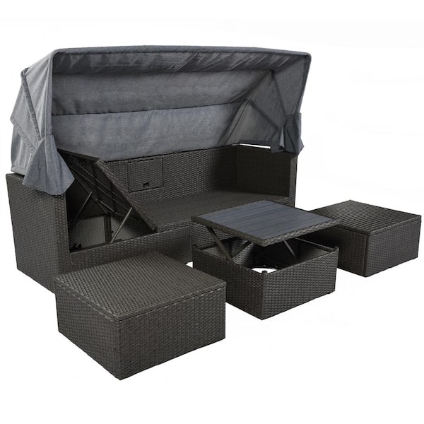 maocao hoom Gray Wicker Outdoor Chaise Lounge with Gray Cushions