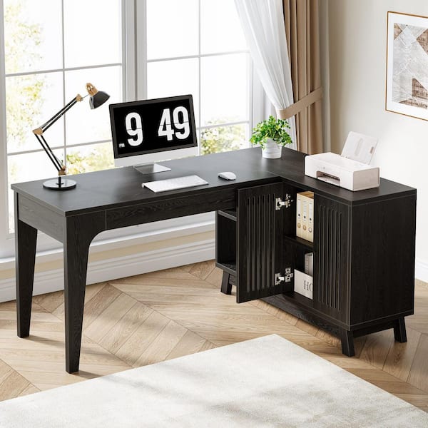 Moronia 57 in. Black Wood L-Shaped Desk, Computer Desk with Cabinet and Open Shelf, Corner Desk for Home Office