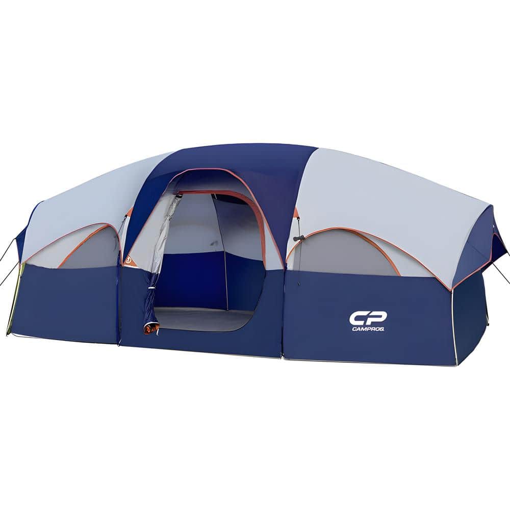 Blue 8-Person Camping Tents, Weather Resistant Family Tent, 5 Large Mesh Wi