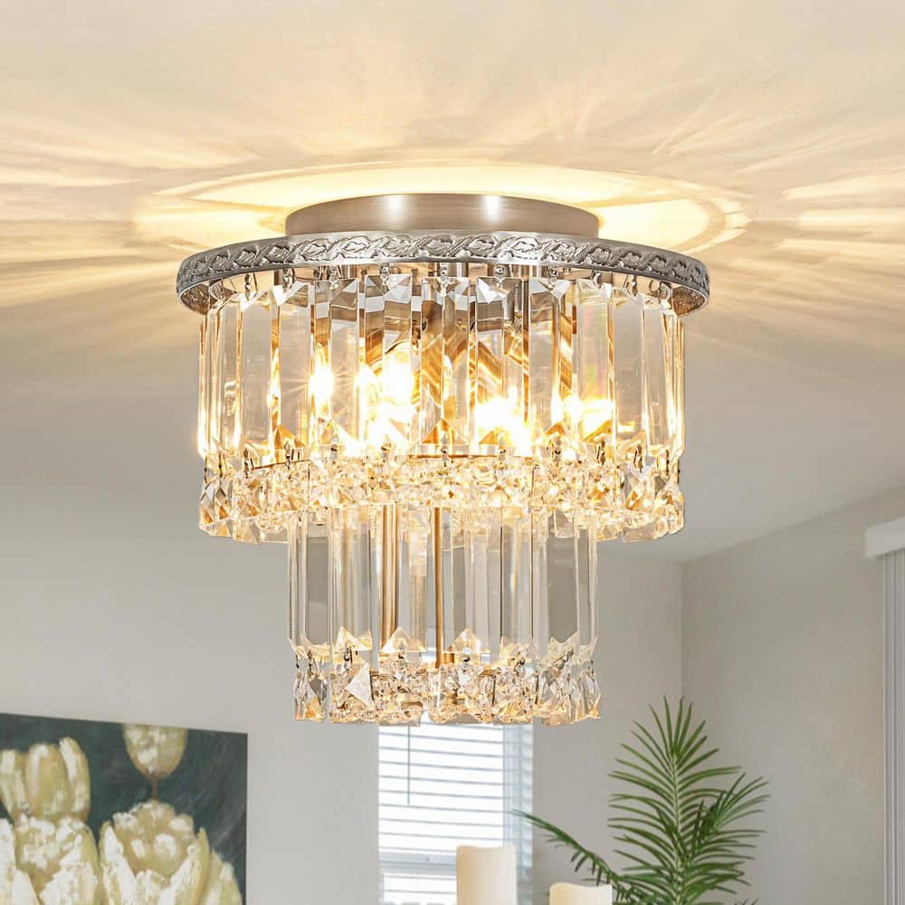 HUOKU Crystal 3-Light 9.8 in. W Antique Nickel Tiered Crystal Semi