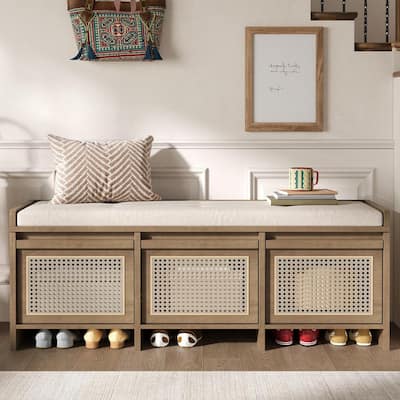 Xoryn Natural Finish 48 in. Storage Bedroom Bench With Rattan Drawers plus Removable Button‑Tufted Upholstered Cushion