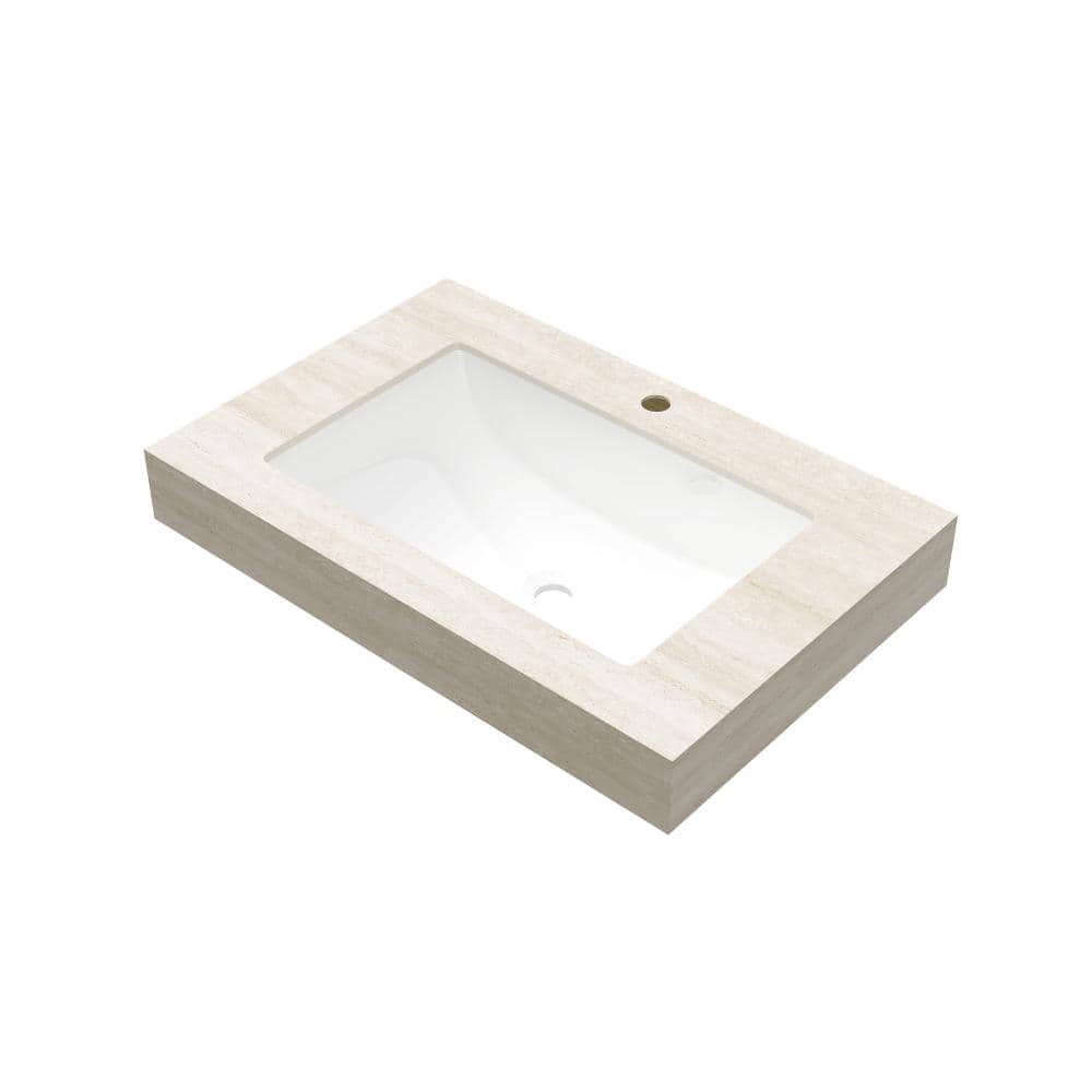 30 in. Undermount White Ceramic Bathroom Sink with Roma Travertine-Pattern Sintered Stone Countertop price history on PriceWatchPro