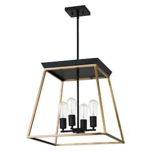Paulino 18.03 in. W x 17.52 in. H 4-Light Brushed Gold/Matte Black Foyer Pendant Light with Open Geometric Metal Frame