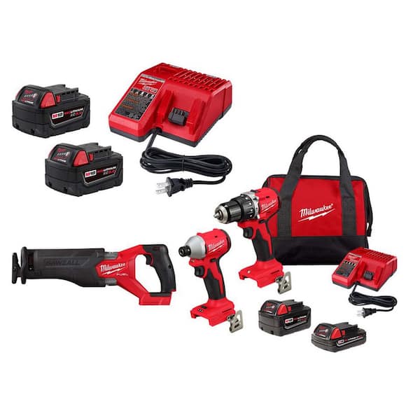 M18 18-Volt Lith-Ion Brushless Cordless Compact Hammer Drill/Impact Combo Kit (3-Tool) w/ (4) Batteries, Bag, & SAWZALL