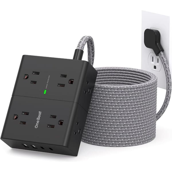 25 ft. Flat Plug Surge Protector Power Strip, Long Extension Cord with 8 Widely AC Outlets, 4-USB Ports(2-USB C), Black