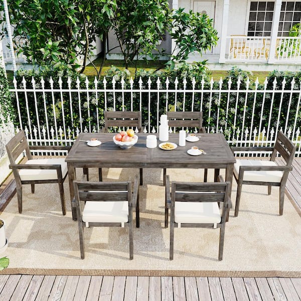 Sudzendf Gray 7-Piece Acacia Wood Outdoor Dining Set with Beige Cushion