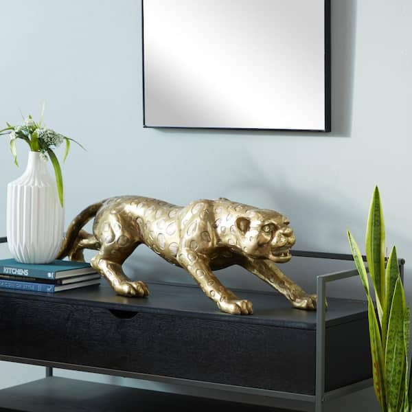 Litton Lane Gold Polystone Leopard Sculpture 59554 - The Home Depot
