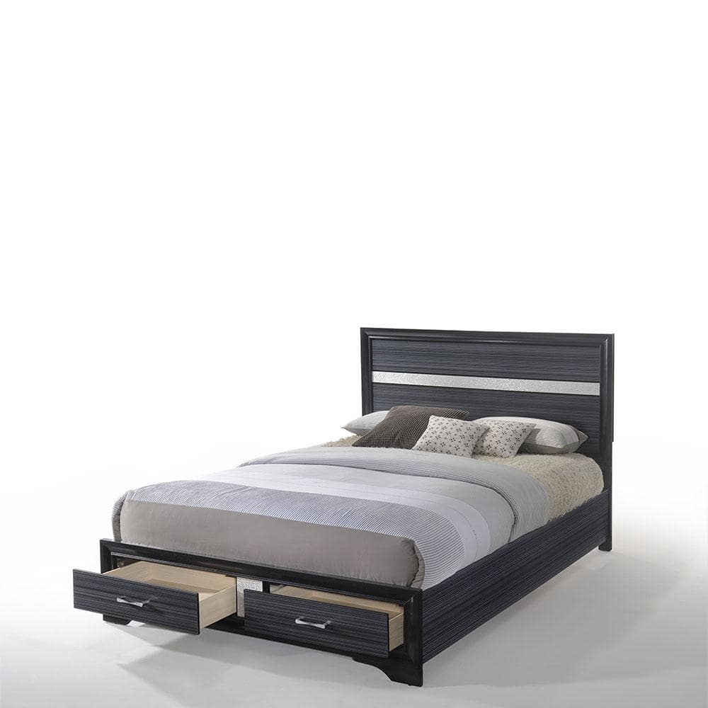 Black Queen Upholstered Bed with Storage Drawers and Slats
