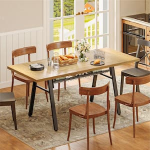 Light Walnet Wood 70 in. 4 Heavy Duty Metal Legs Dining Table with Storage Rack Seats 6-8