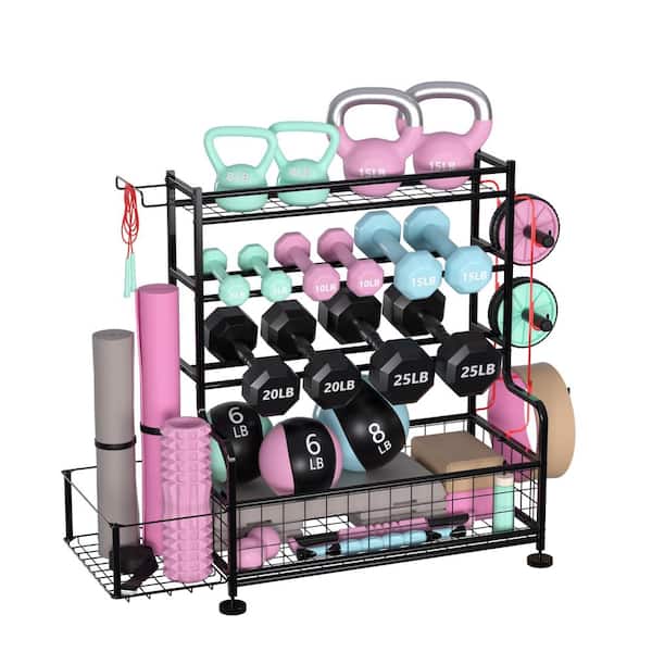 Multi-Tier Storage Rack for Home Gym – 4-Tier Dumbbell Organizer with Hooks, Powder-Coated Steel, Holds Dumbbells