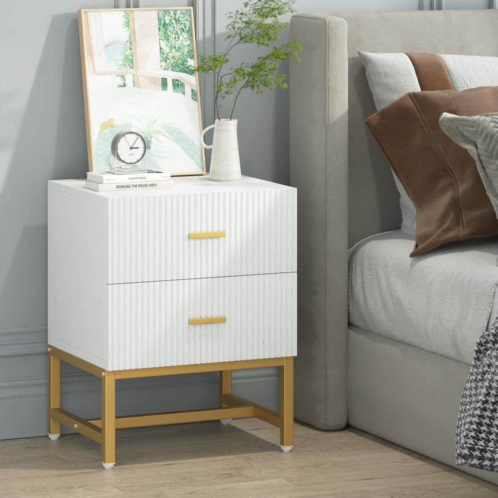 TRIBESIGNS WAY TO ORIGIN Mayville 2 Drawers White and Gold Nightstand ...