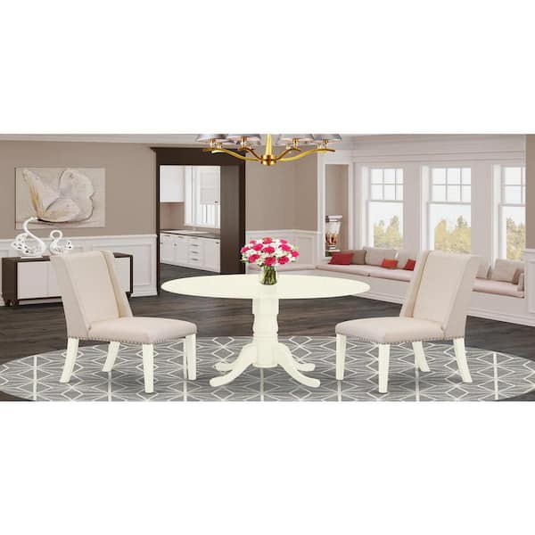East West Furniture 3-Piece Linen white Solid Wood Top - Round Upholstered Dining Room Set - Seats 4