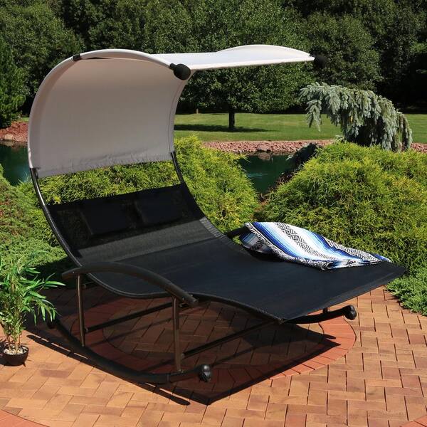 Sunnydaze Decor Sling Double Outdoor Rocking Chaise Lounge Chair With Canopy Pl 625 The Home Depot - Patio Chaise Lounge Chair With Canopy