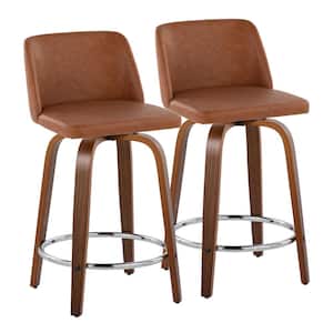 Toriano 24.25 in. Camel Faux Leather, Walnut Wood and Chrome Metal Fixed-Height Counter Stool (Set of 2)