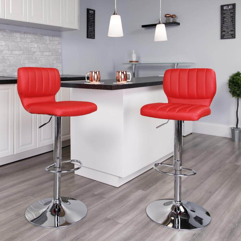 Posh Red Vinyl Adjustable Swivel Bar Stool with Chrome Base
