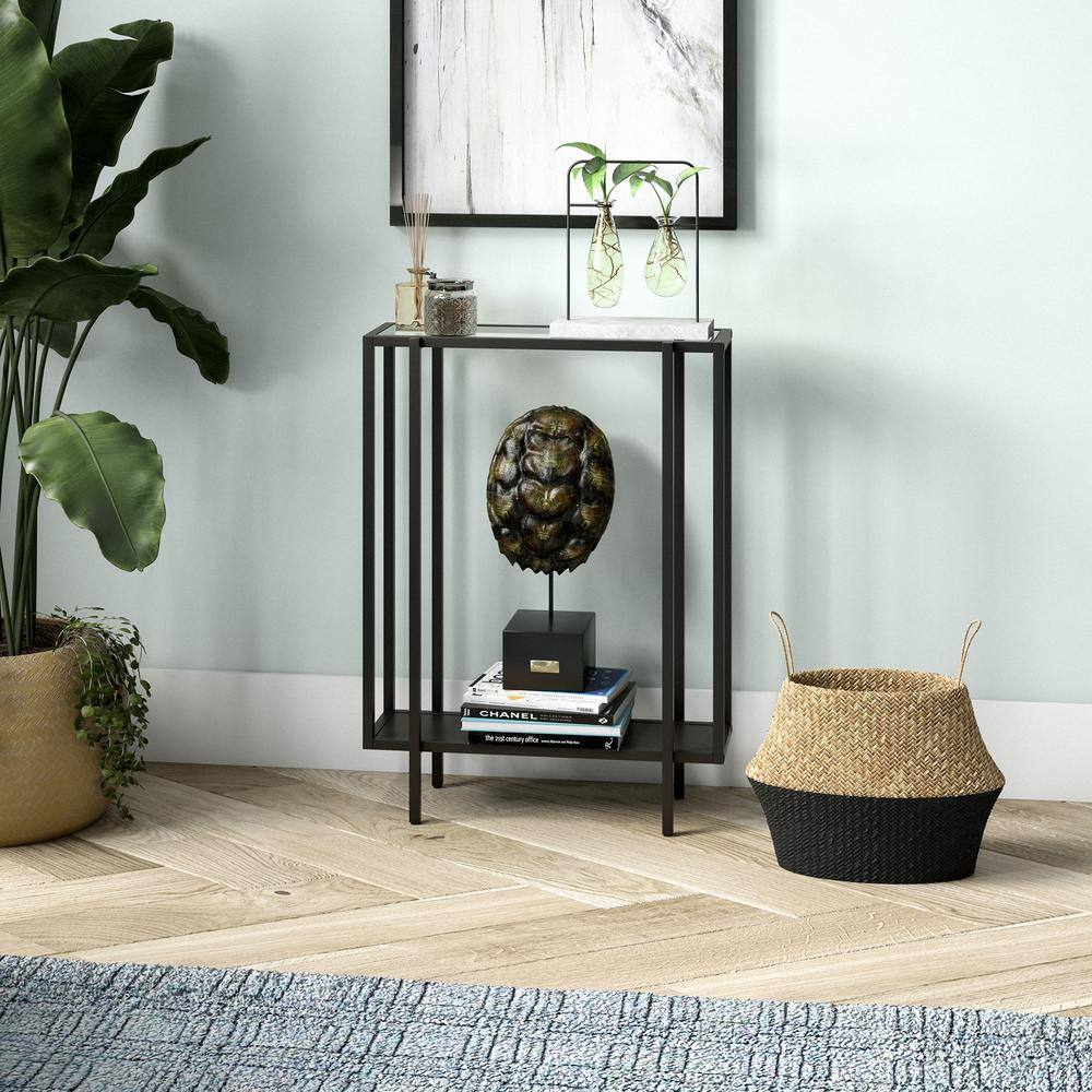 Compact Mid-Century Blackened Bronze and Oak Console Table with Glass Top