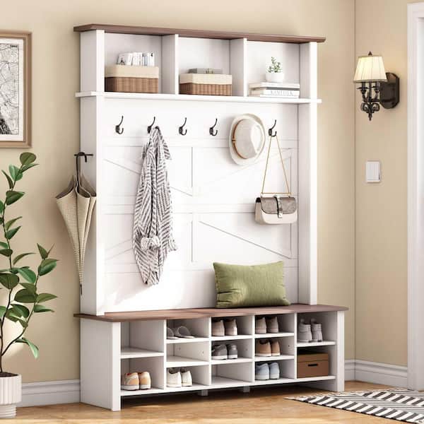 Farmhouse Hall Tree with 6 Hooks, Adjustable Shelves, Shoe Organizer with 16 Open Compartments, White