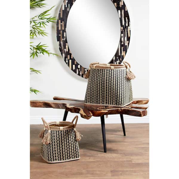 Litton Lane Large Square Black and Natural Stripe Seagrass and Palm Leaf Wicker Baskets (Set of 2)