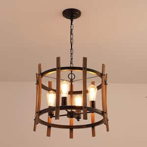 4-Light Black Wood Caged Rustic Chandelier with No Bulbs Included
