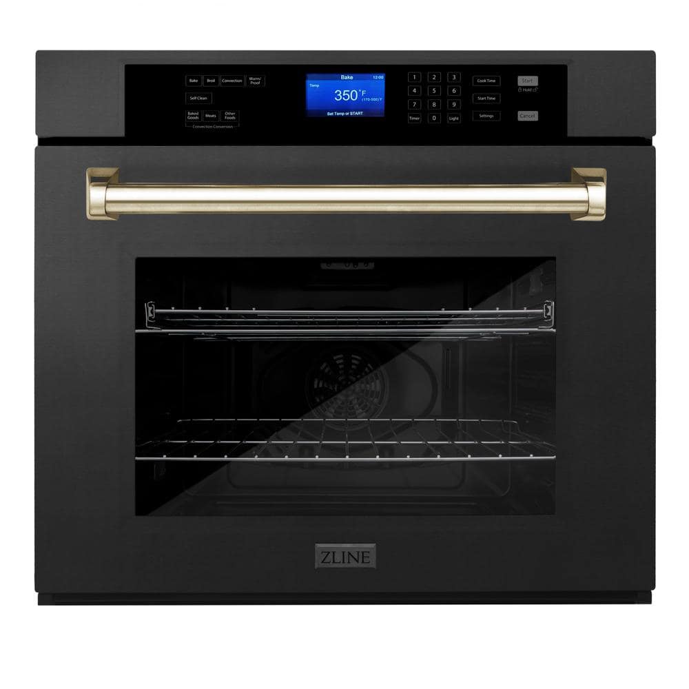 ZLINE Kitchen and Bath Autograph Edition 30 in. Single Electric Wall Oven with True Convection & Polished Gold Handle in Black Stainless Steel, Black Stainless Steel & Polished Gold