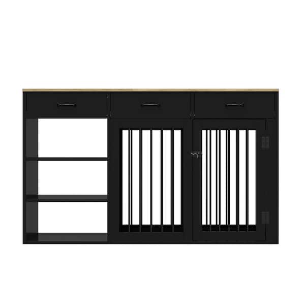 FUFU&GAGA Modern Large Wooden Dog Crate Furniture, Pet Dog Cage with 3-Drawers and 3-Shelves for Large Medium Small Dogs, Black