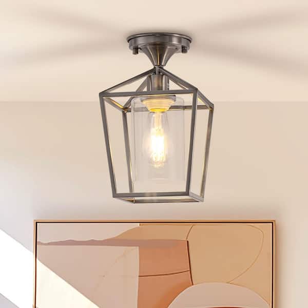 YANSUN 7 in. 1-Light Nickel Semi Flush Mount Ceiling Light, Farmhouse Retro Cage Kitchen Lighting Fixtures with Glass Shade