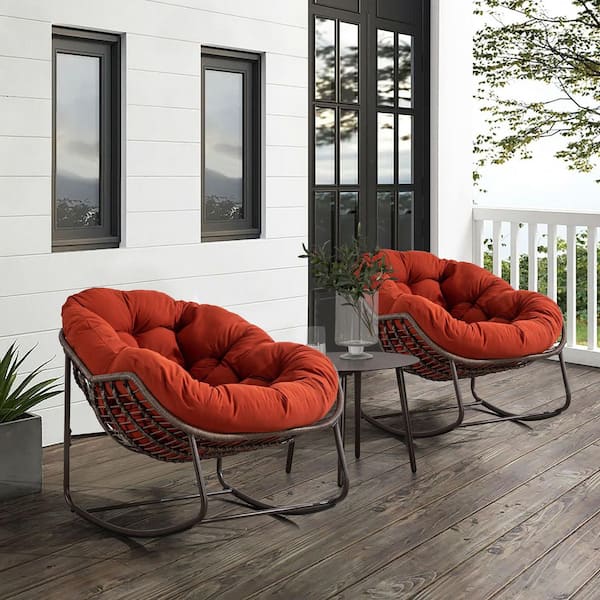Mondawe Rattan Metal Outdoor Rocking Chair with Orange Padded