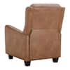 Three-quarter view of a brown leather accent chair.