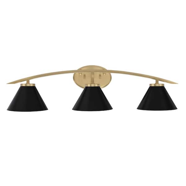 Unbranded Siena 29 in. 3-Light Vanity Light New Age Brass with Matte Black Metal Shades