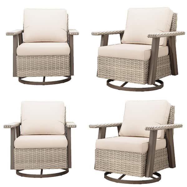 Brown Swivel Wicker Outdoor Lounge Chair Seating Set with Beige Cushions (4-Pack)