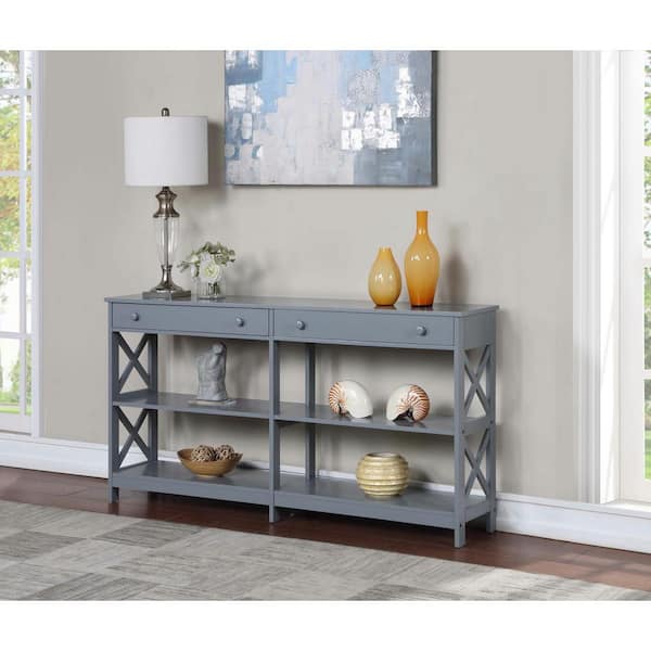 Convenience Concepts Oxford 60 in. Gray Standard Height Rectangle Wood Console Table with 2 Drawers and Shelves