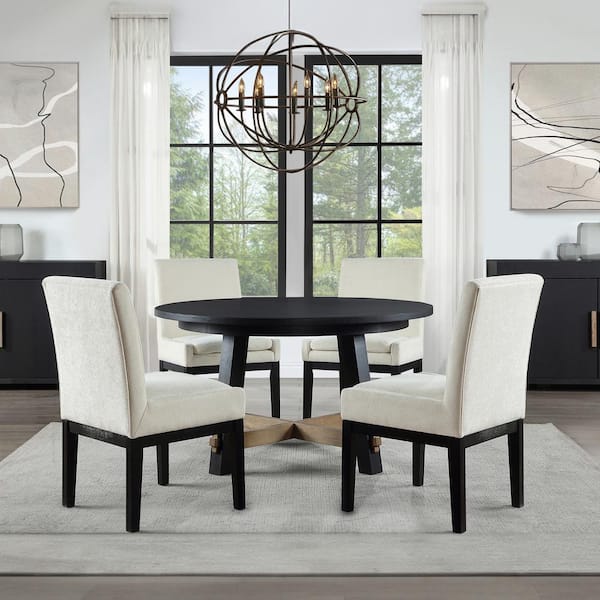 Aubrey 5-Piece 54 in. Black Wood Dining Room Set with 4-Eggshell Upholstered Black Parsons Chairs