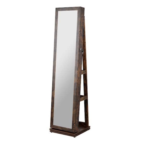 Unbranded Natural Brown Jewelry Cabinet Standing, 360° Rotating Jewelry Armoire Organizer with Full Length Mirror