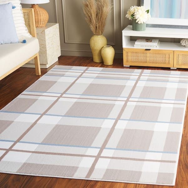 Groove 7 ft. x 7 ft. Beige/Light Blue Geometric Plaid Square Area Rug