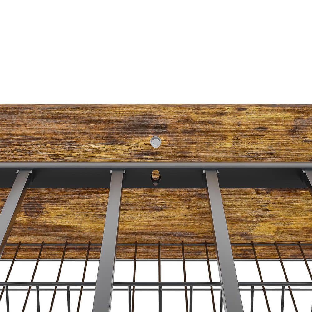 Rustic Bed Brown Metal Frame Queen Platform Bed with Upholstered Headboard, USB Port and 4-Rolling Storage Drawers - thumbnail 5